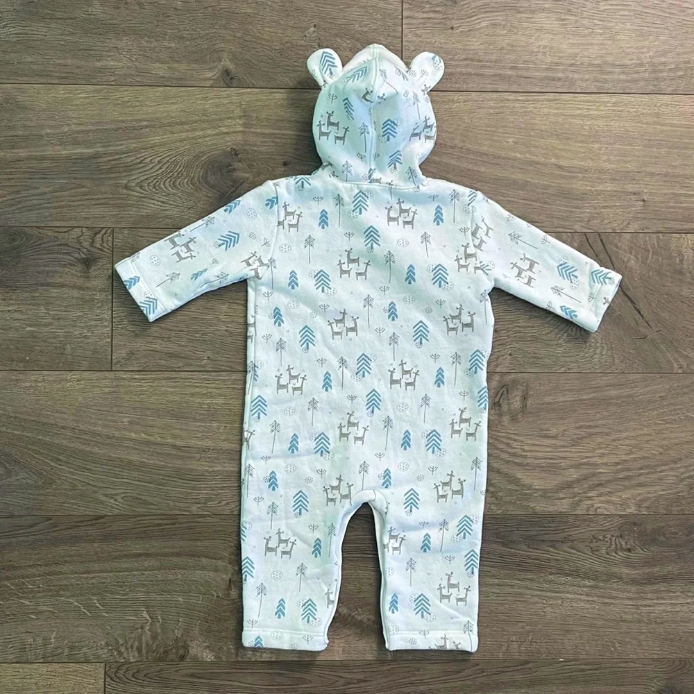 Feather Baby Woodland Deer and Trees Pima Cotton 3-6m Hooded Coverall Romper - Picture 2 of 6